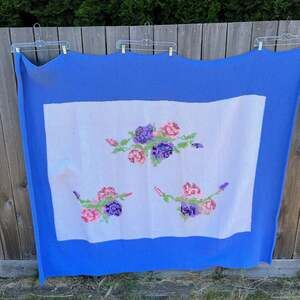 Vintage Large Crocheted Rose Blue & White Blanket